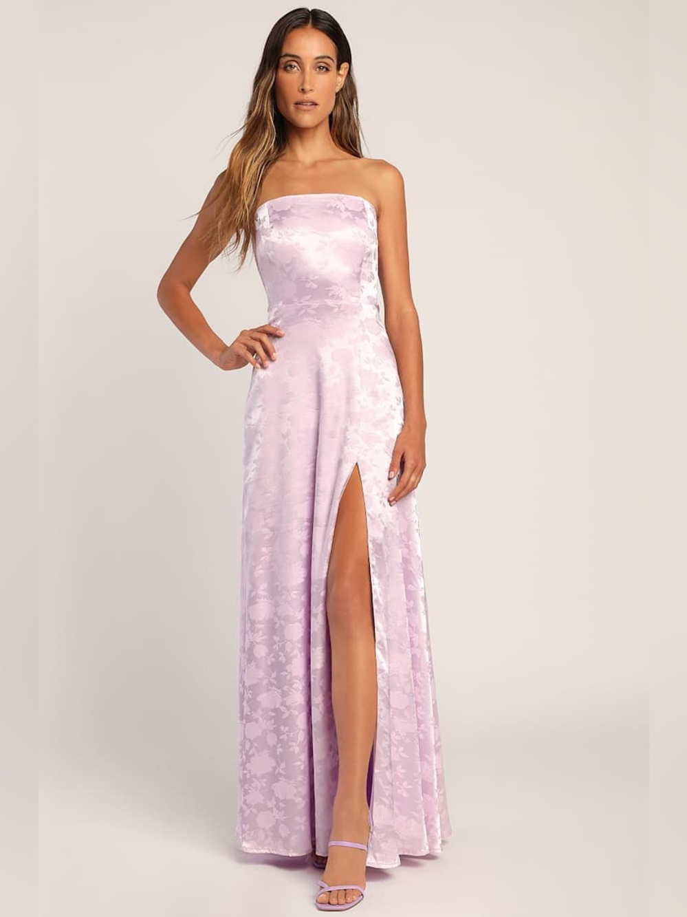 NWT Lulus Women’s Made to Marvel Lilac Satin Jacquard Strapless Maxi Dress Large